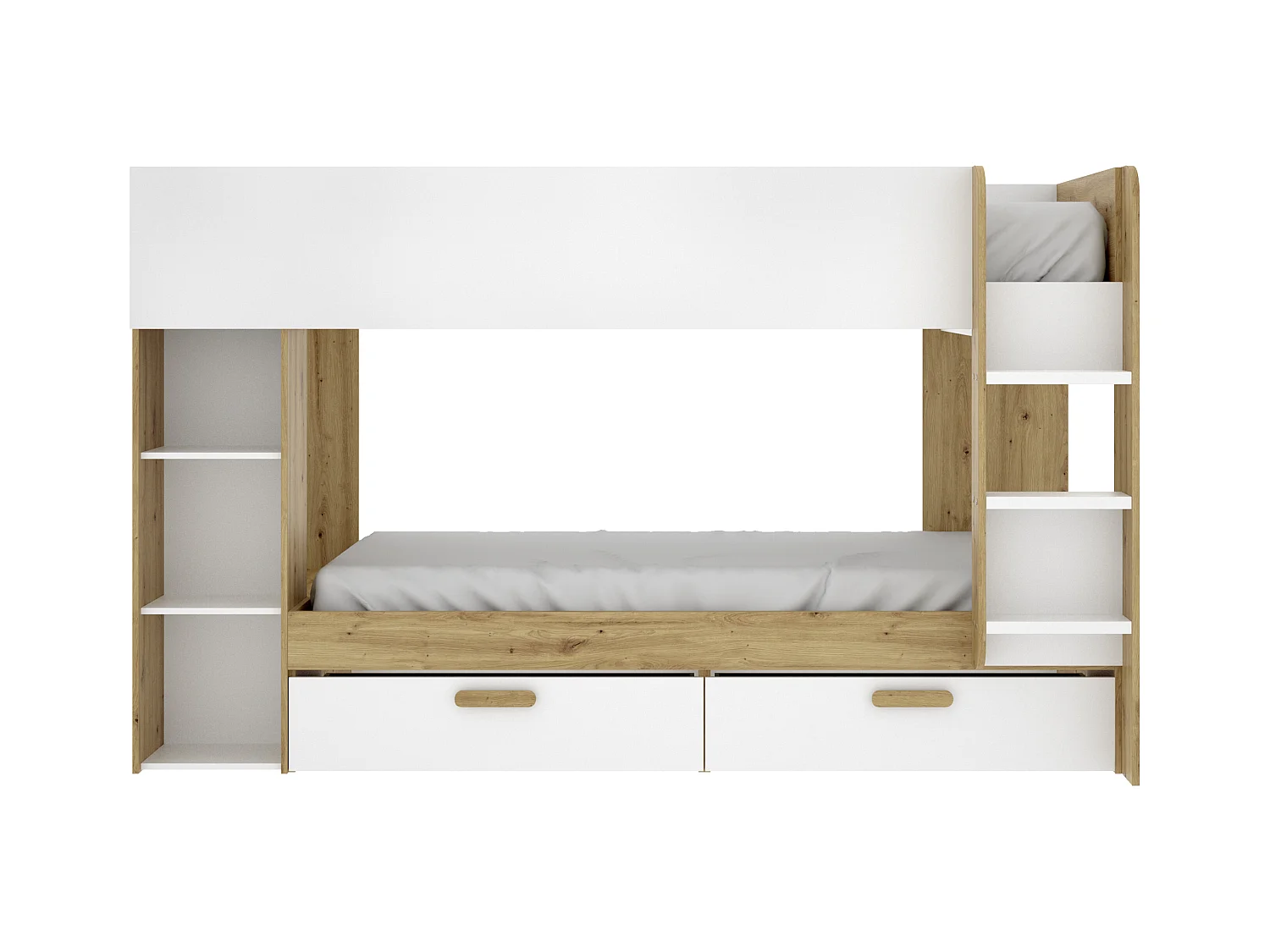 Lits superposés 2 x 90 x 200 cm avec rangements et penderie - Blanc et naturel + Matelas - OZANA