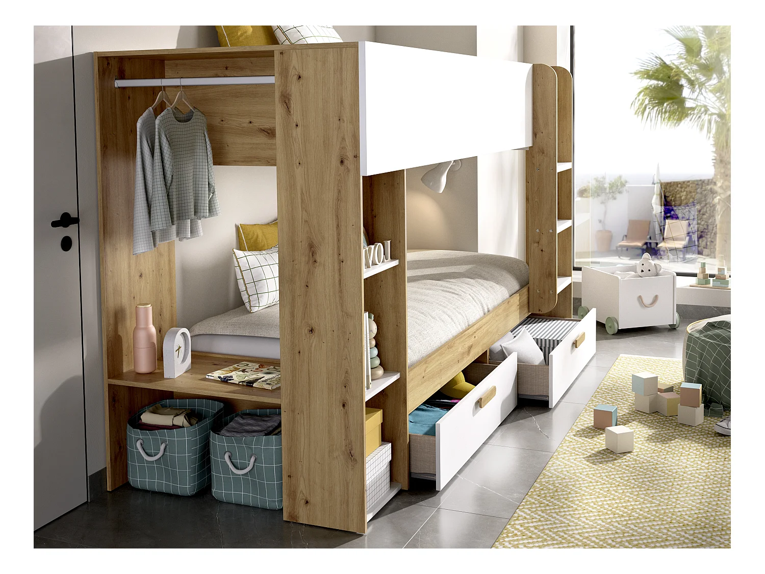 Lits superposés 2 x 90 x 200 cm avec rangements et penderie - Blanc et naturel + Matelas - OZANA