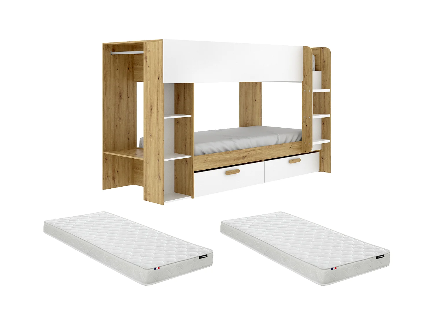 Lits superposés 2 x 90 x 200 cm avec rangements et penderie - Blanc et naturel + Matelas - OZANA