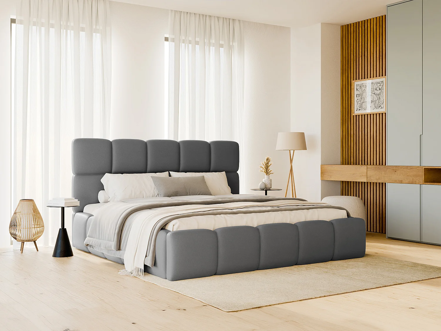 Bett mit Bettkasten - 160 x 200 cm - Stoff Leder-Optik - Grau - DAMADO von Pascal Morabito