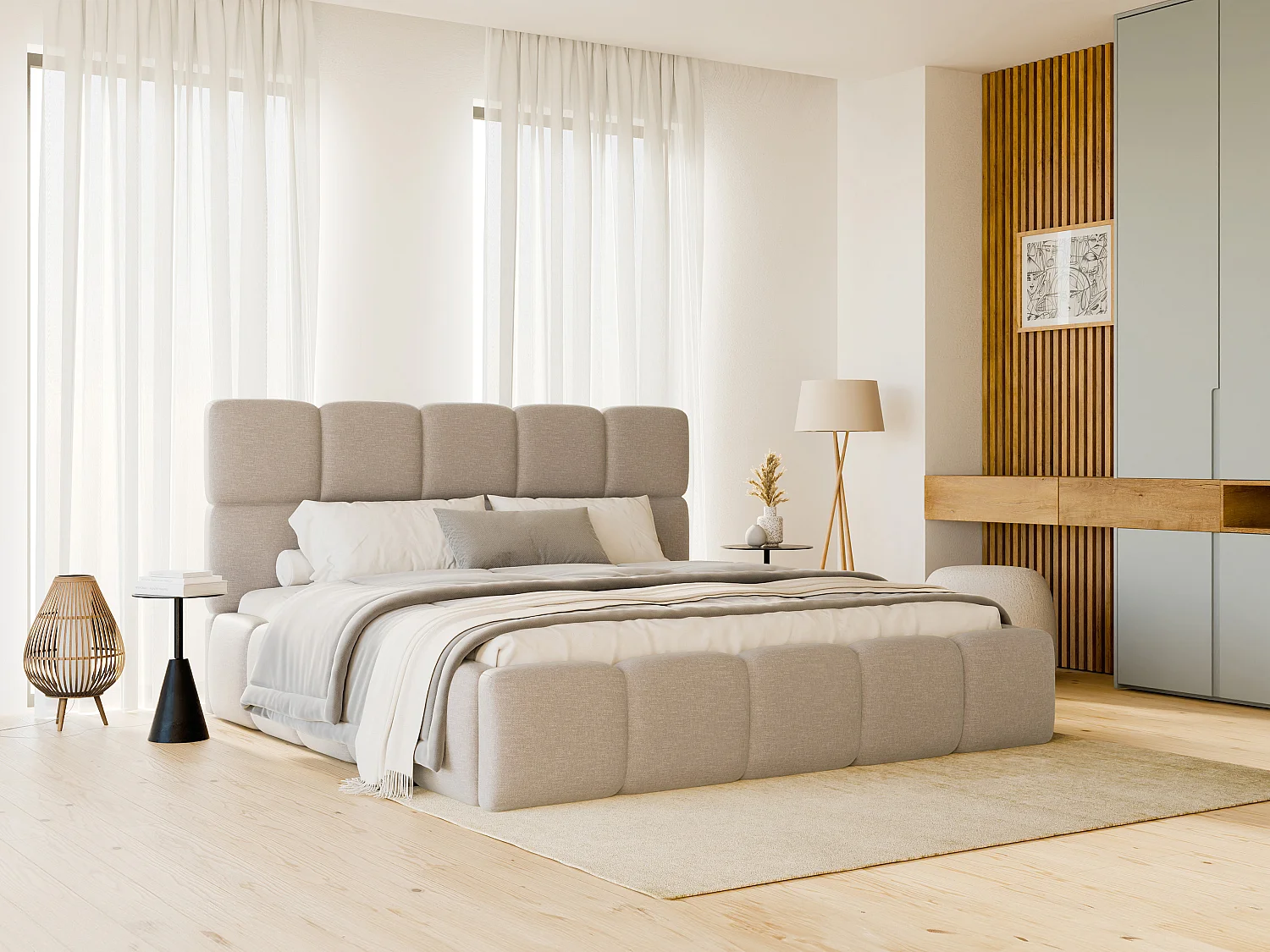 Sängram med förvaring 140 x 190 cm - Melerat tyg - Beige - DAMADO
