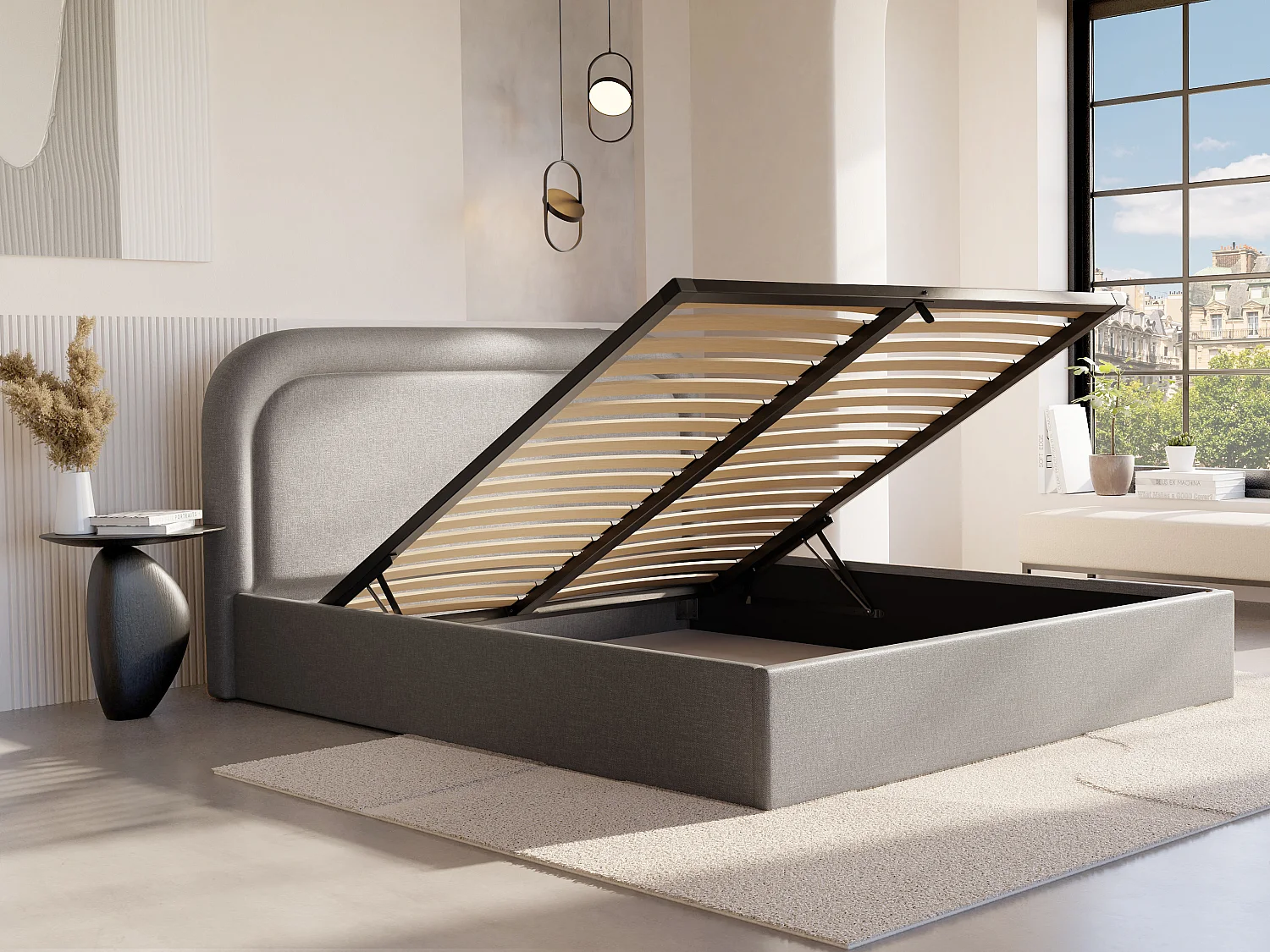 Lit coffre 140 x 190 cm - Tissu chiné - Gris clair - FIREZA