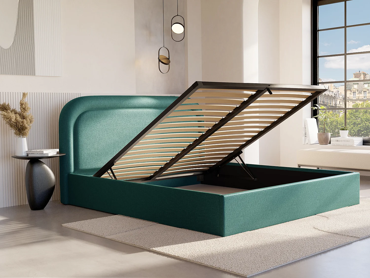 Cama com espaço de arrumação 180x200 cm tecido matizado azul-esverdeado - FIREZA