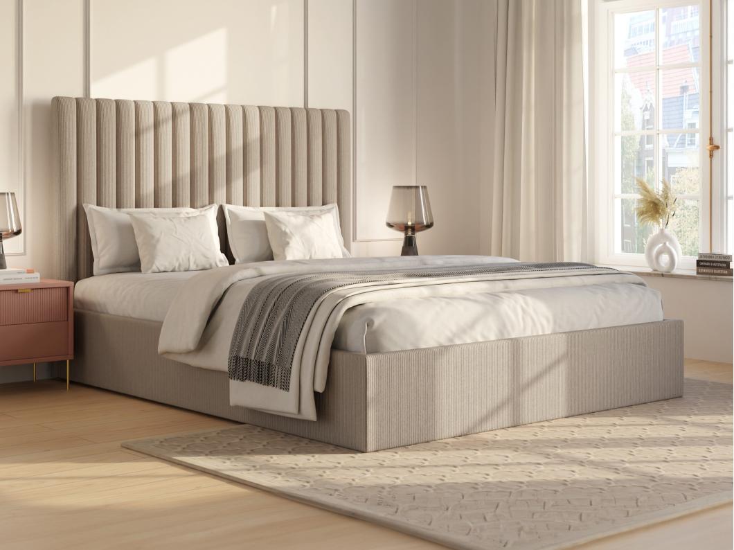 Letto con contenitore 140 x 190 cm con testata letto impunture verticali Velluto a coste Beige SARAH
