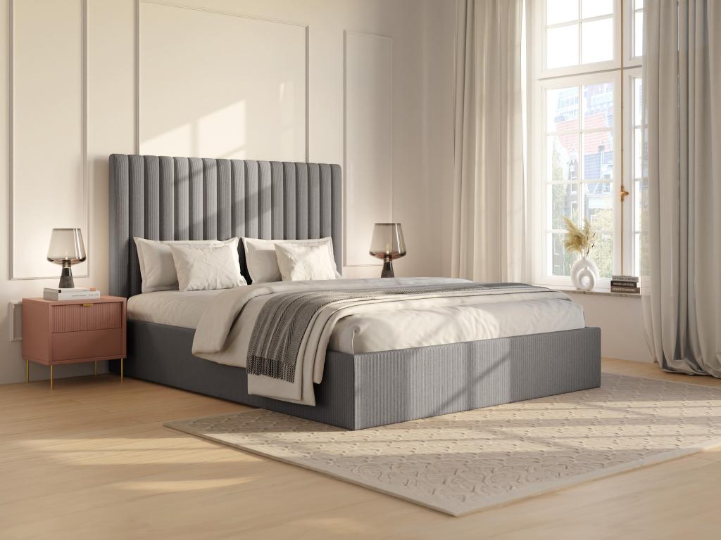 Lit coffre 140 x 190 cm avec tête de lit coutures verticales - Velours côtelé - Gris - SARAH
