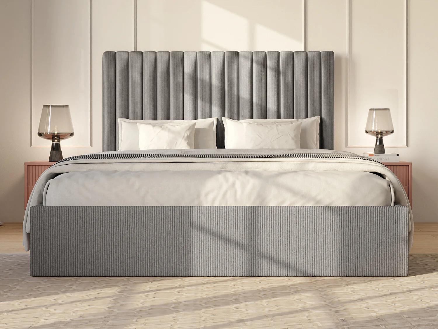 Lit coffre 140 x 190 cm avec tête de lit coutures verticales - Velours côtelé - Gris - SARAH