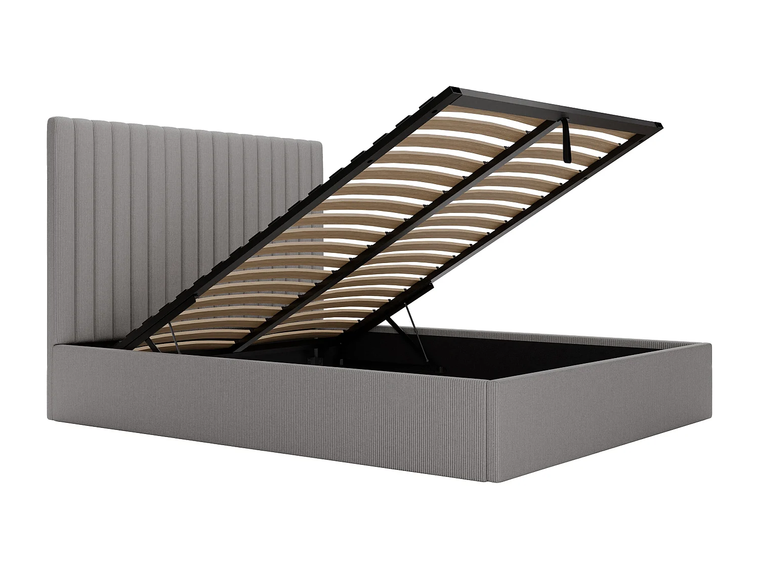 Cama com espaço de arrumação 140x190 cm com cabeceira de cama costuras verticais, veludo canelado cinza - SARAH