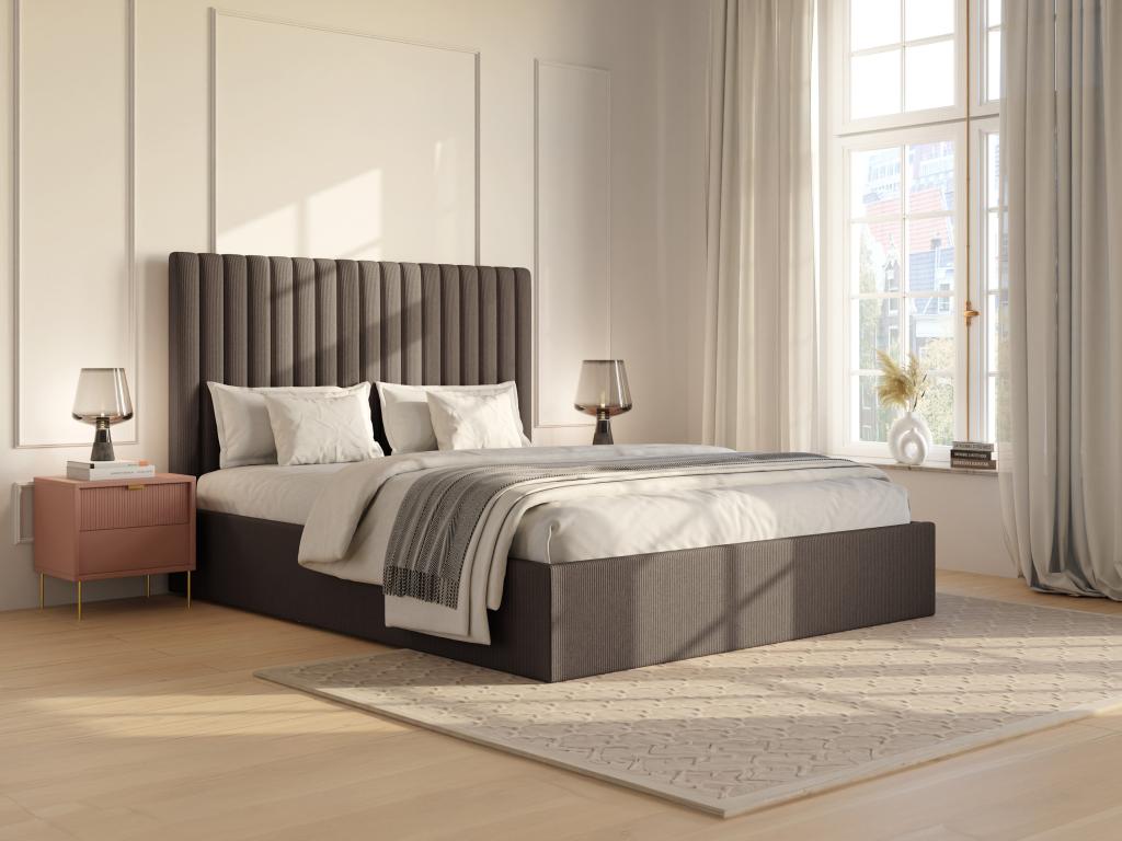 Lit coffre 140 x 190 cm avec tête de lit coutures verticales - Velours côtelé - Taupe - SARAH