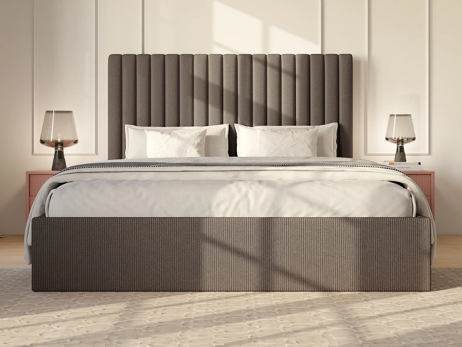Letto con contenitore 160 x 200 cm con testata letto impunture verticali Velluto a coste Tortora SARAH