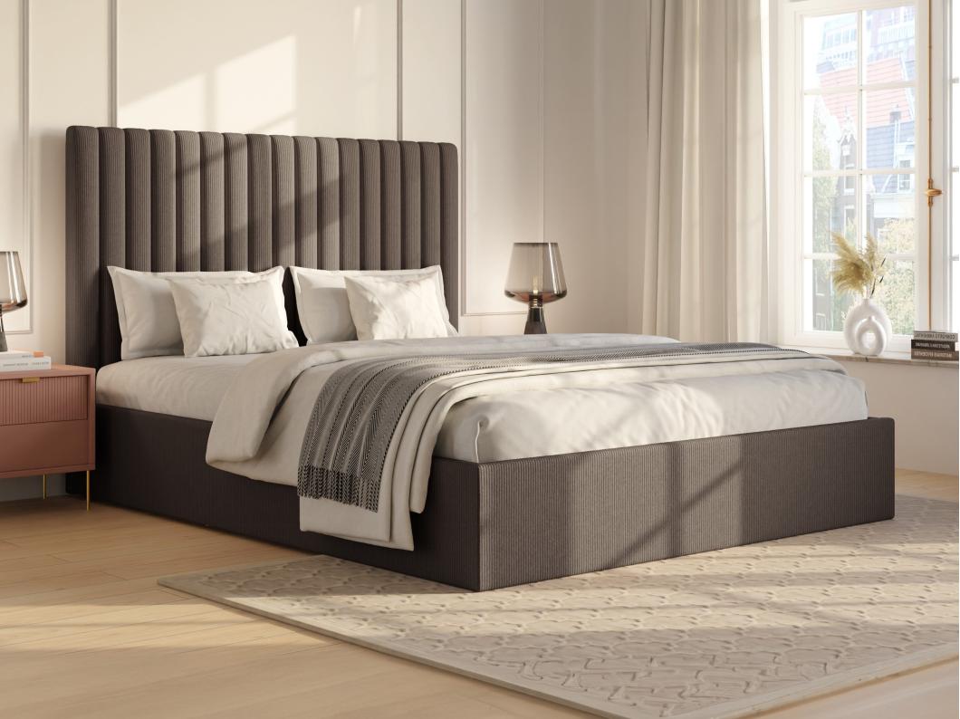 Lit coffre 160 x 200 cm avec tête de lit coutures verticales - Velours côtelé - Taupe - SARAH