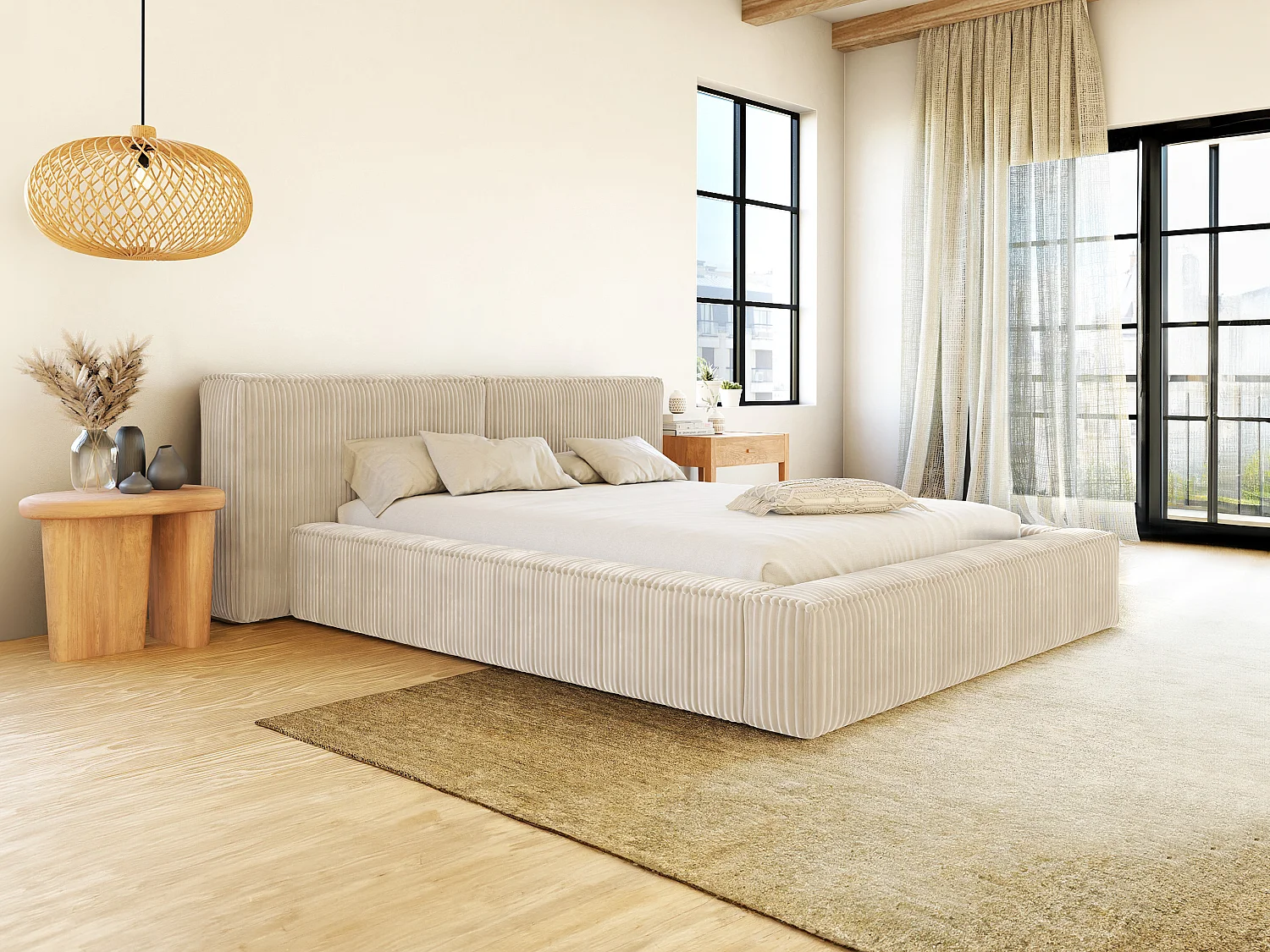 Bett mit Bettkasten - 140 x 190 cm - Grob gerippter Cord - Beige - TIMANO von Pascal Morabito