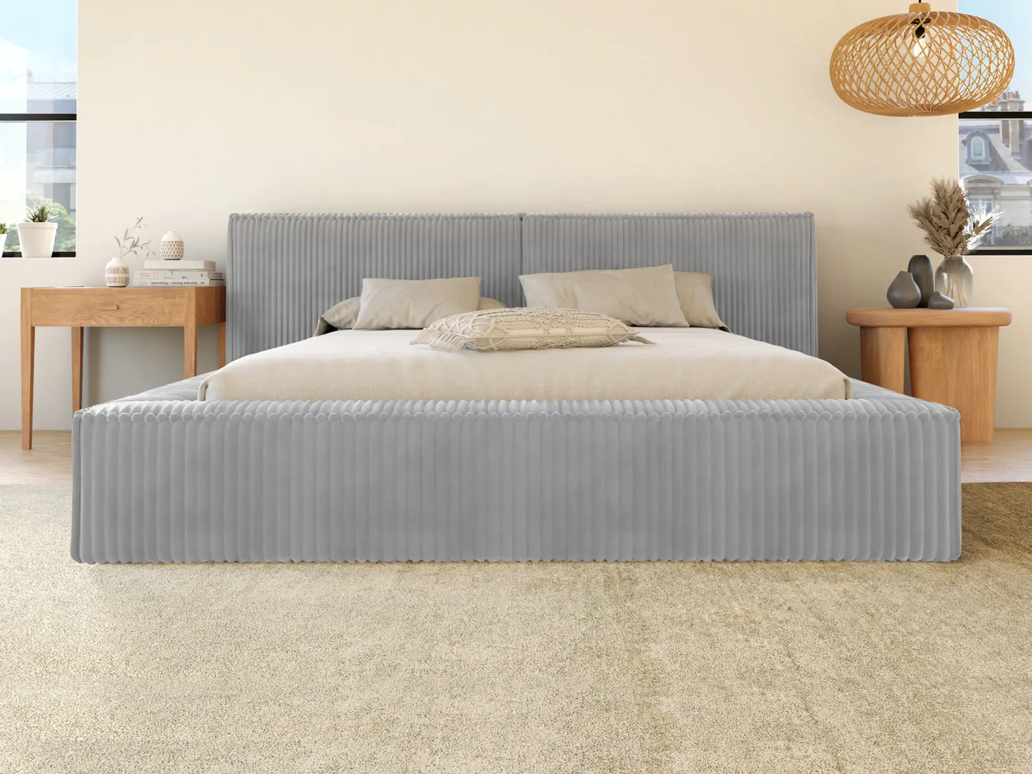 Bed met opbergruimte 160 x 200 cm - Ribfluweel met brede ribbels - Lichtgrijs - TIMANO van Pascal Morabito