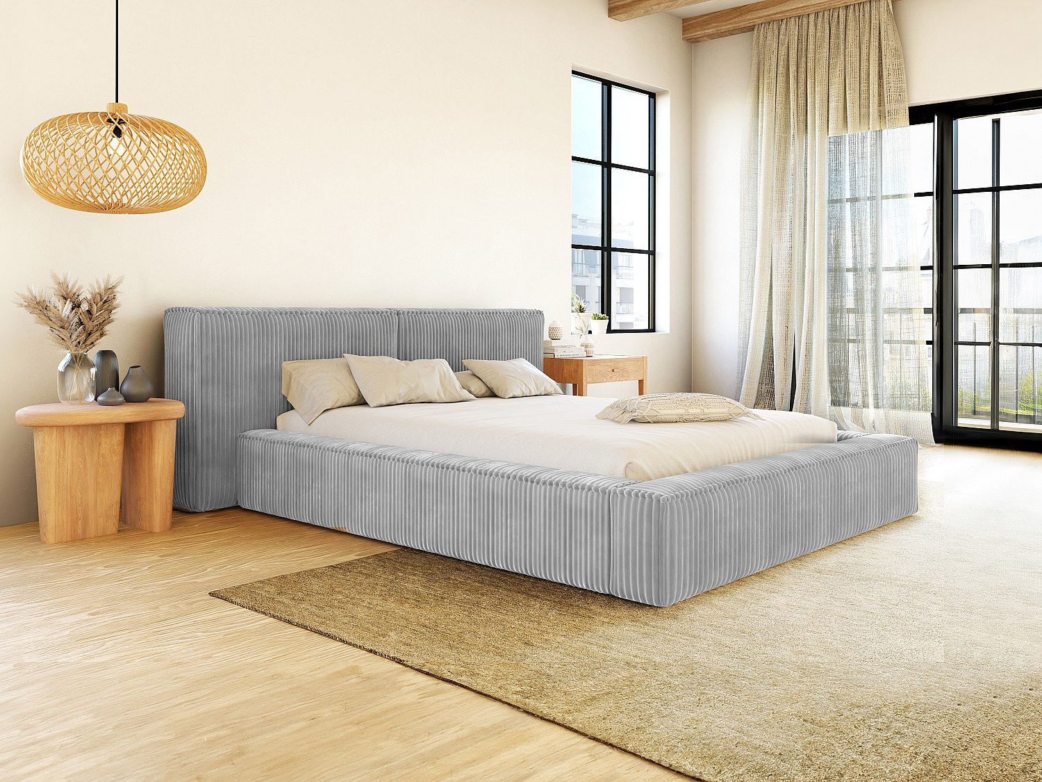 Vente-unique Bett Mit Bettkasten - 180 X 200 Cm - Grob Gerippter Cord - Hellgrau - Timano Von Pascal Morabito