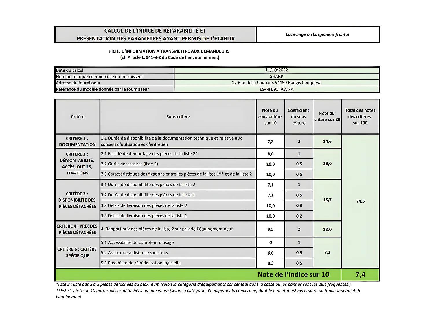 Sharp Lave-linge hublot 9kg 1400 tours/min blanc - ESNFB914AWNA