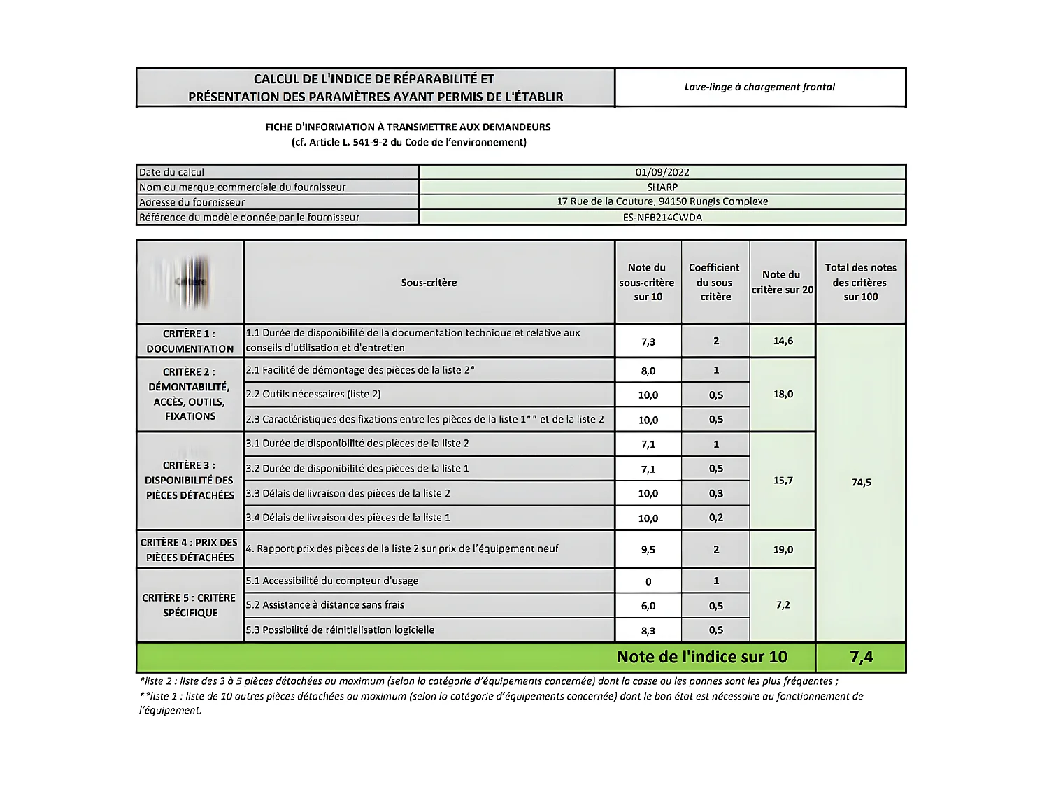 Sharp Lave-linge hublot 12kg 1400tours/min - ESNFB214CWDA