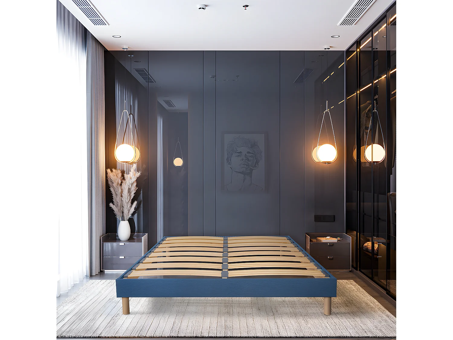 BELLECOUR LITERIE | Sommier à lattes en bois LUMIERE 180x200 cm | Coloris Bleu marine | Livré en kit