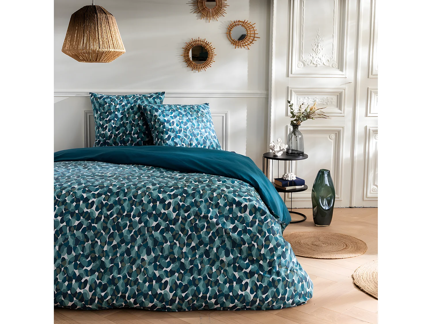 Parure de lit 2 personnes géométrique marine en coton 240x220cm