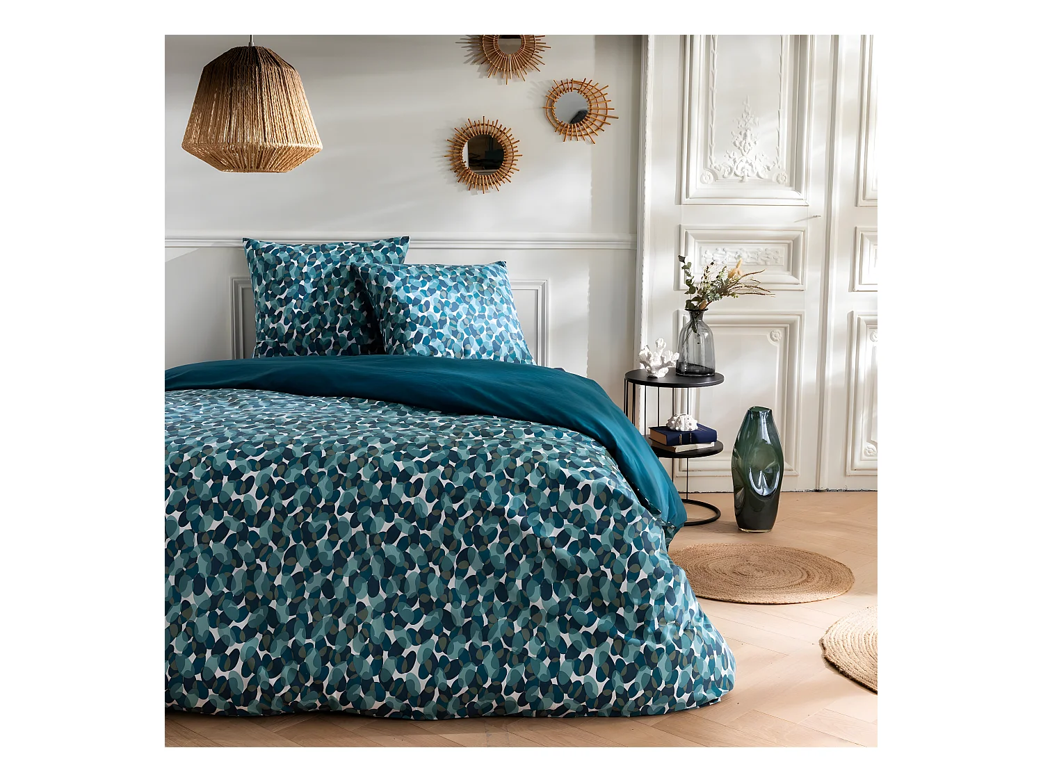 Parure de lit 2 personnes en coton 57 fils imprimé canard 260x240cm