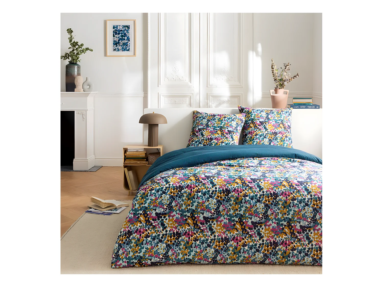 Parure de lit 2 personnes en coton 57 fils imprimé multico 260x240cm