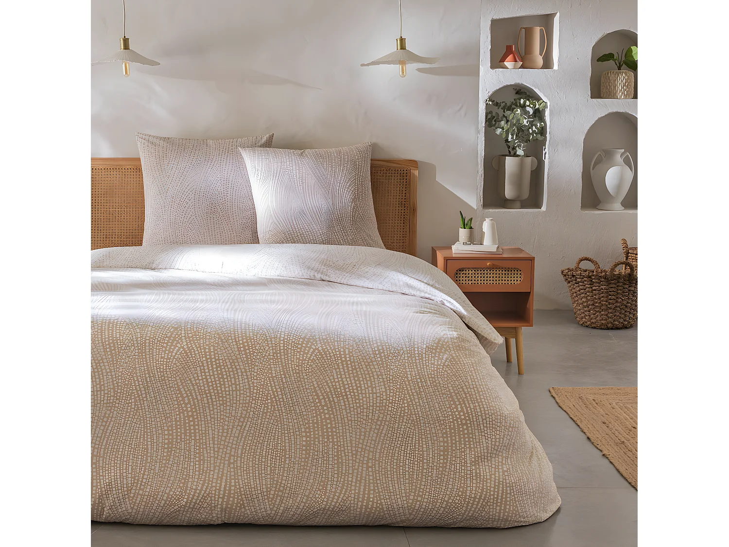 Parure de lit 2 personnes en coton 57 fils imprimé beige 260x240cm
