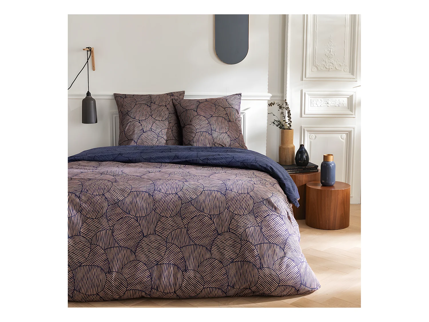 Parure de lit 2 personnes en coton 57 fils imprimé bleu 240x220cm