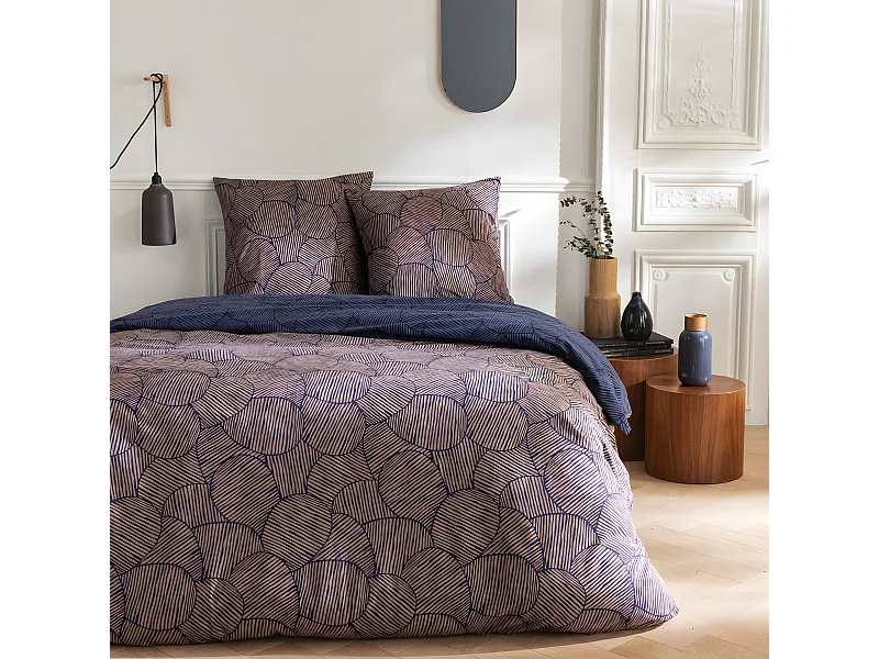 Parure de lit 2 personnes en coton 57 fils imprimé bleu 240x220cm