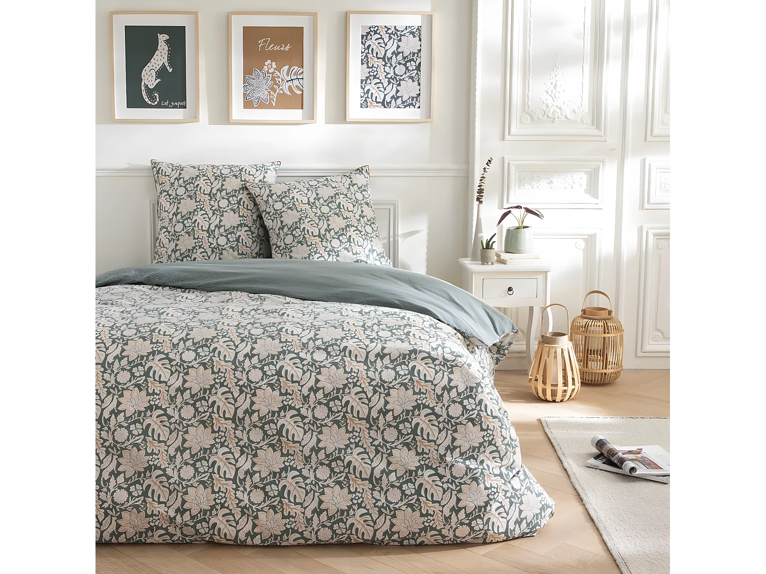 Parure de lit 2 personnes floral et pois en coton 260x240cm