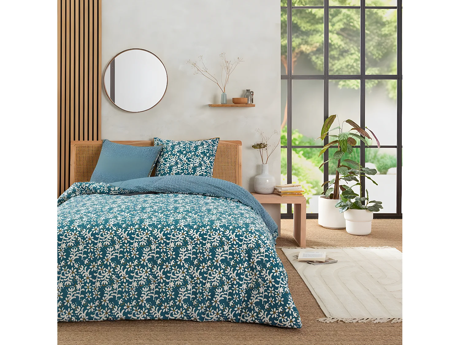 Parure de lit 2 personnes floral réversible à pois 240x220cm