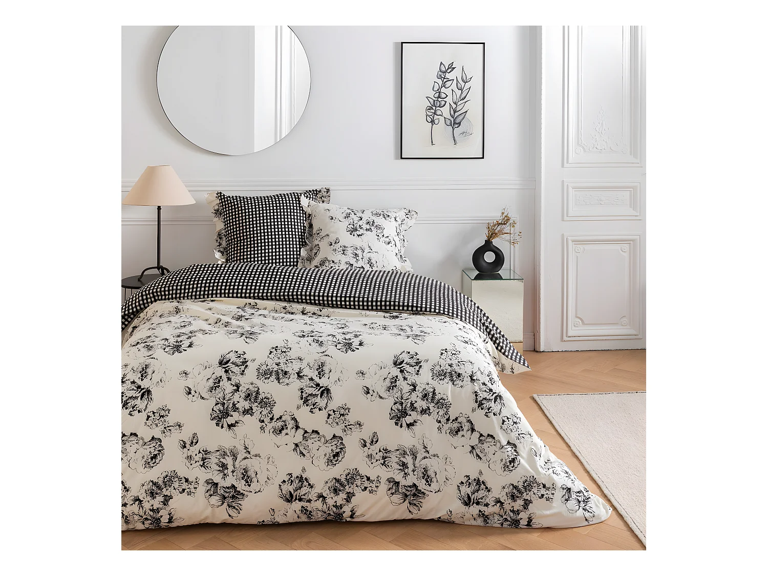 Parure de lit 2 personnes en coton 57 fils imprimé ecru 240x220cm