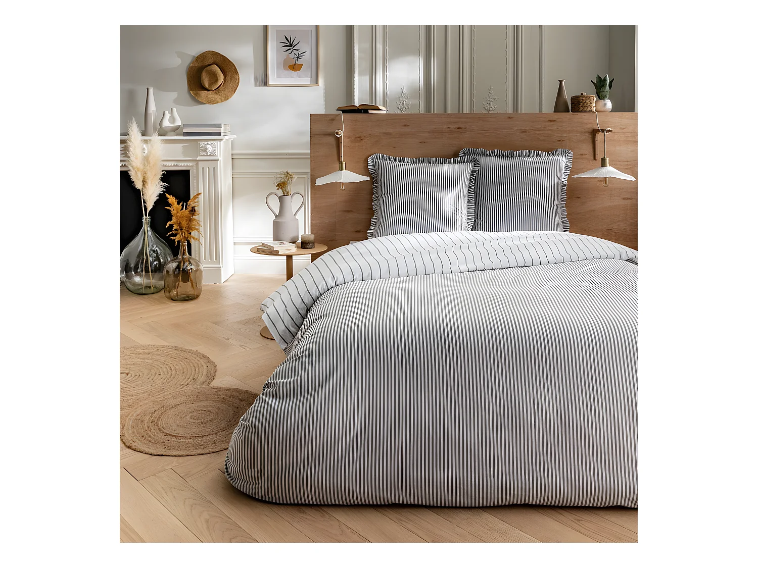 Parure de lit 2 personnes en coton 57 fils imprimé blanc 260x240cm