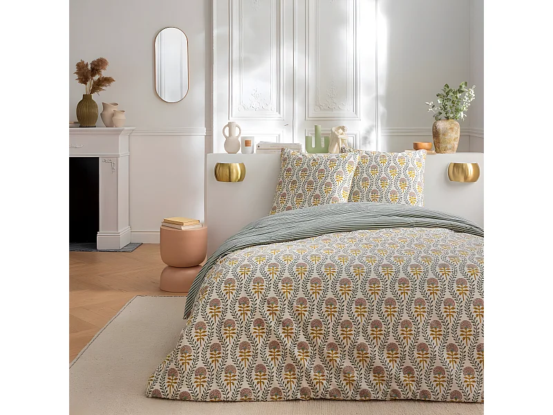 Parure de lit 2 personnes floral charme rayé 260x240cm