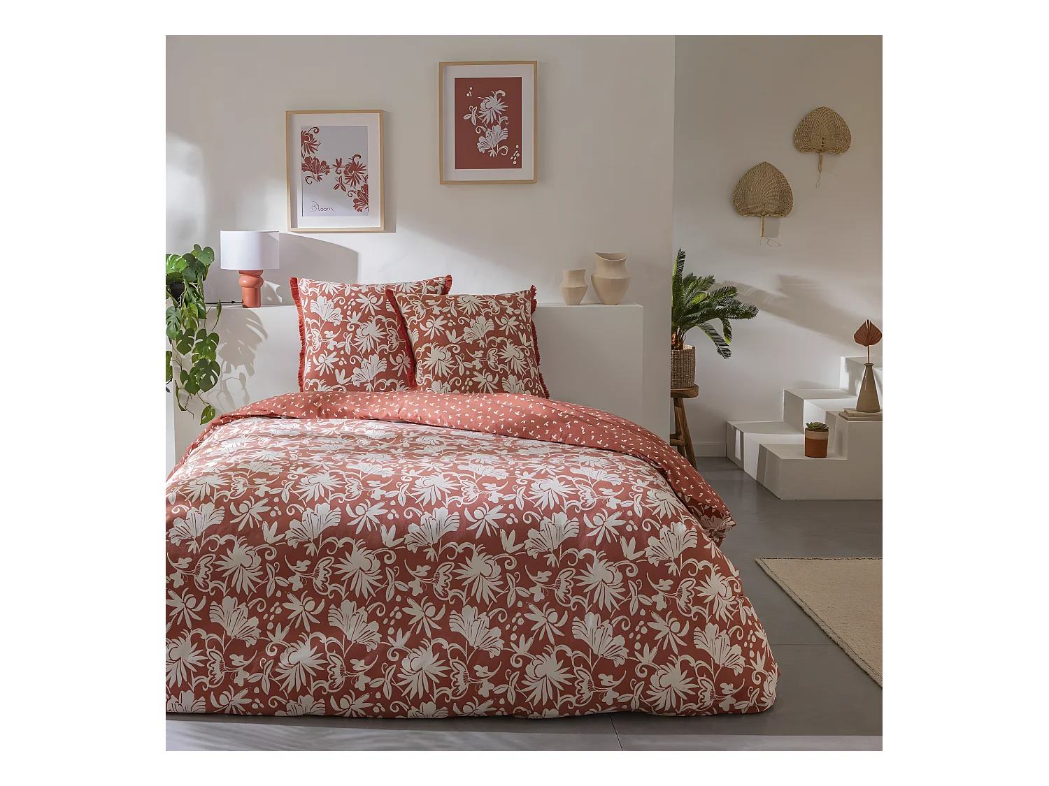 Parure de lit 2 personnes en coton 57 fils imprimé terracotta 240x220cm