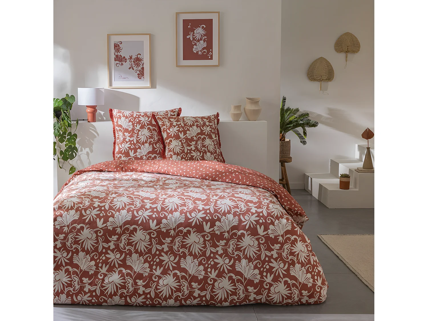 Parure de lit 2 personnes floral à franges en coton 240x220cm