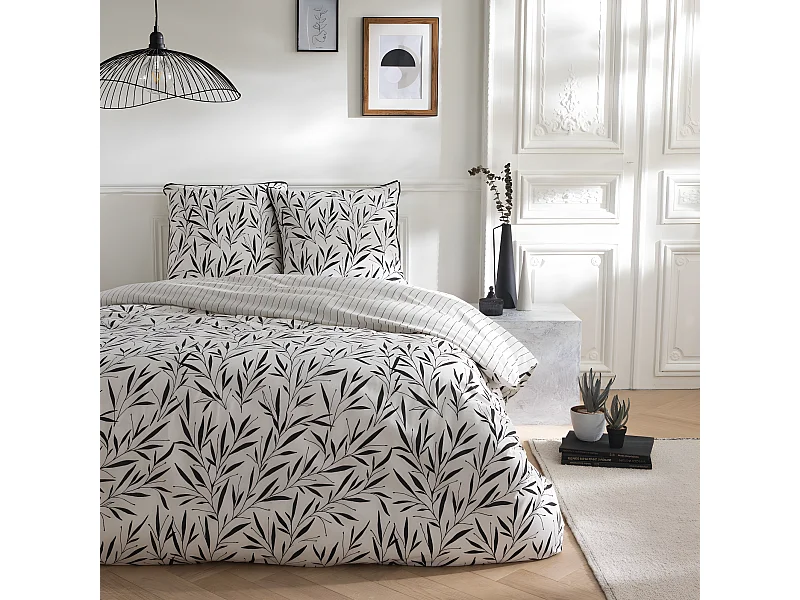 Parure de lit 2 personnes feuillage et rayures en coton 260x240cm