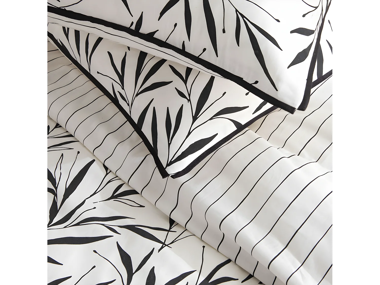 Parure de lit 2 personnes feuillage et rayures en coton 260x240cm