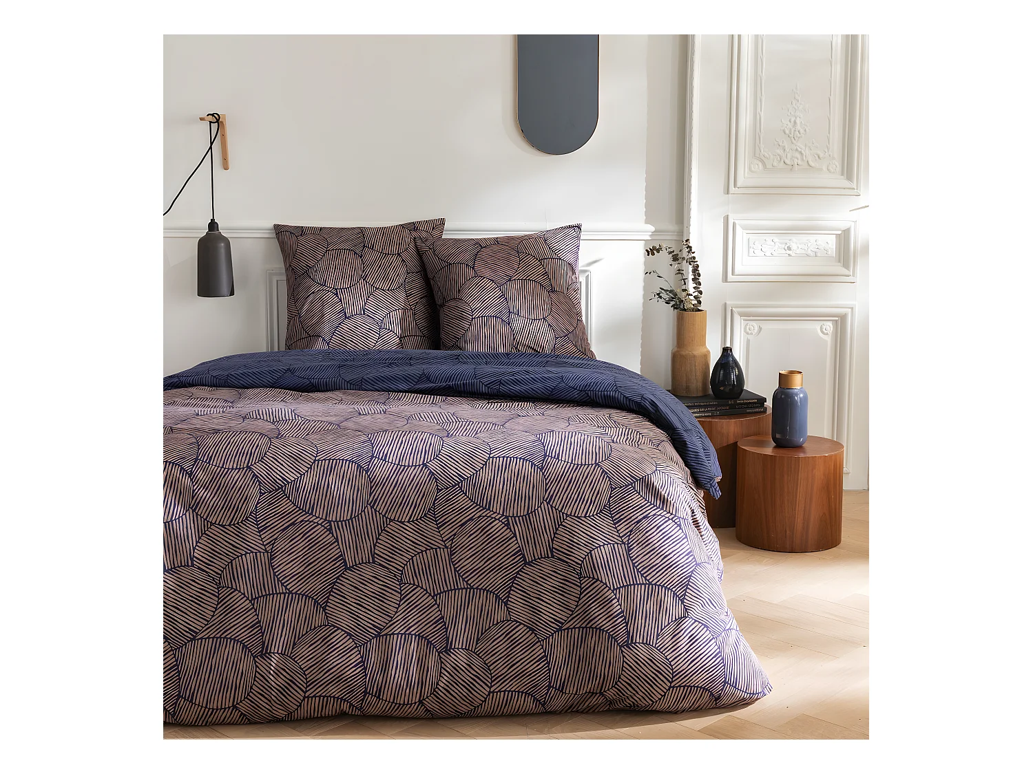 Parure de lit 2 personnes en coton 57 fils imprimé bleu 260x240cm
