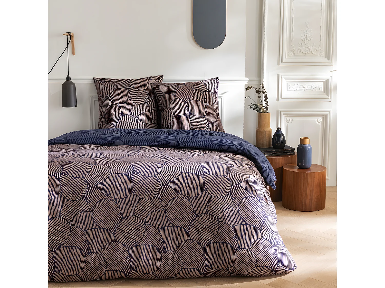 Parure de lit 2 personnes en coton 57 fils imprimé bleu 260x240cm