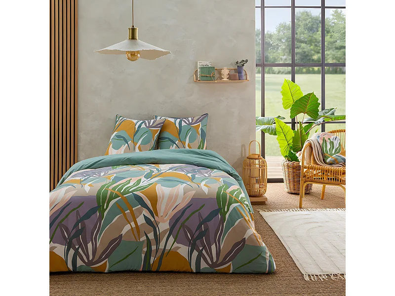 Parure de lit 2 personnes végétal réversible unie 260x240cm