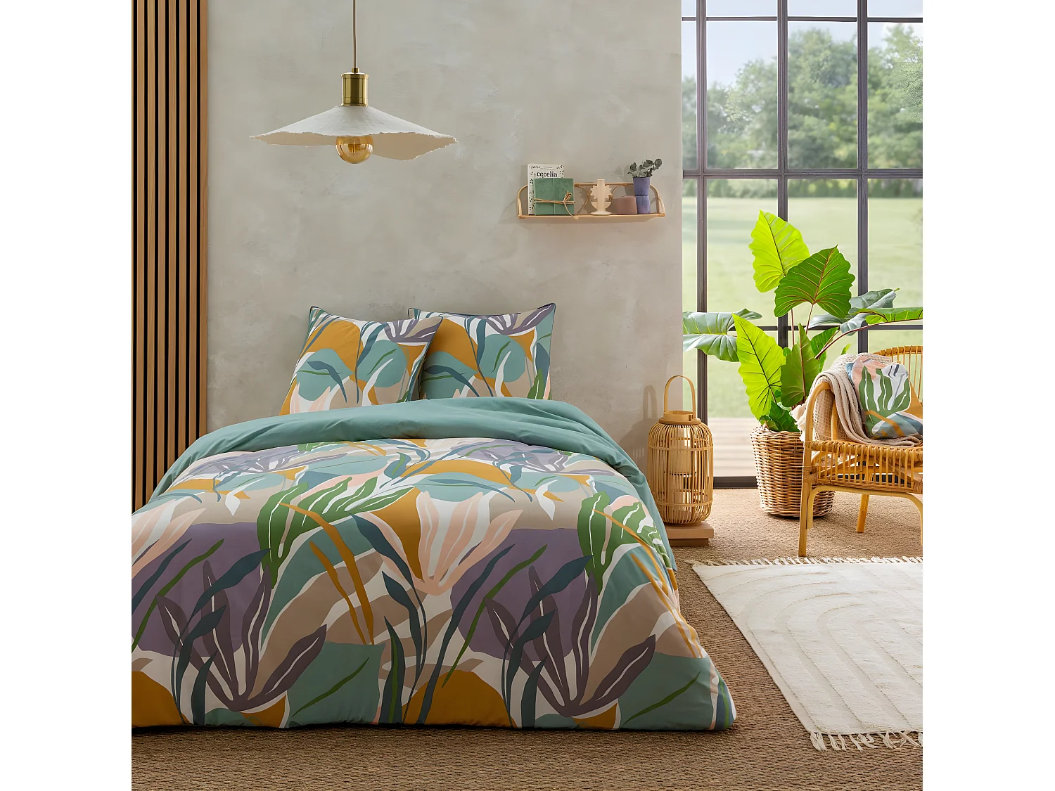 Parure de lit 2 personnes végétal réversible unie 260x240cm