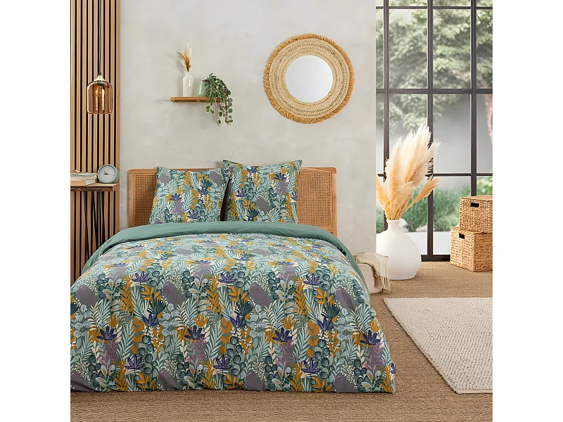 Parure de lit 2 personnes végétal tropical réversible 240x220cm