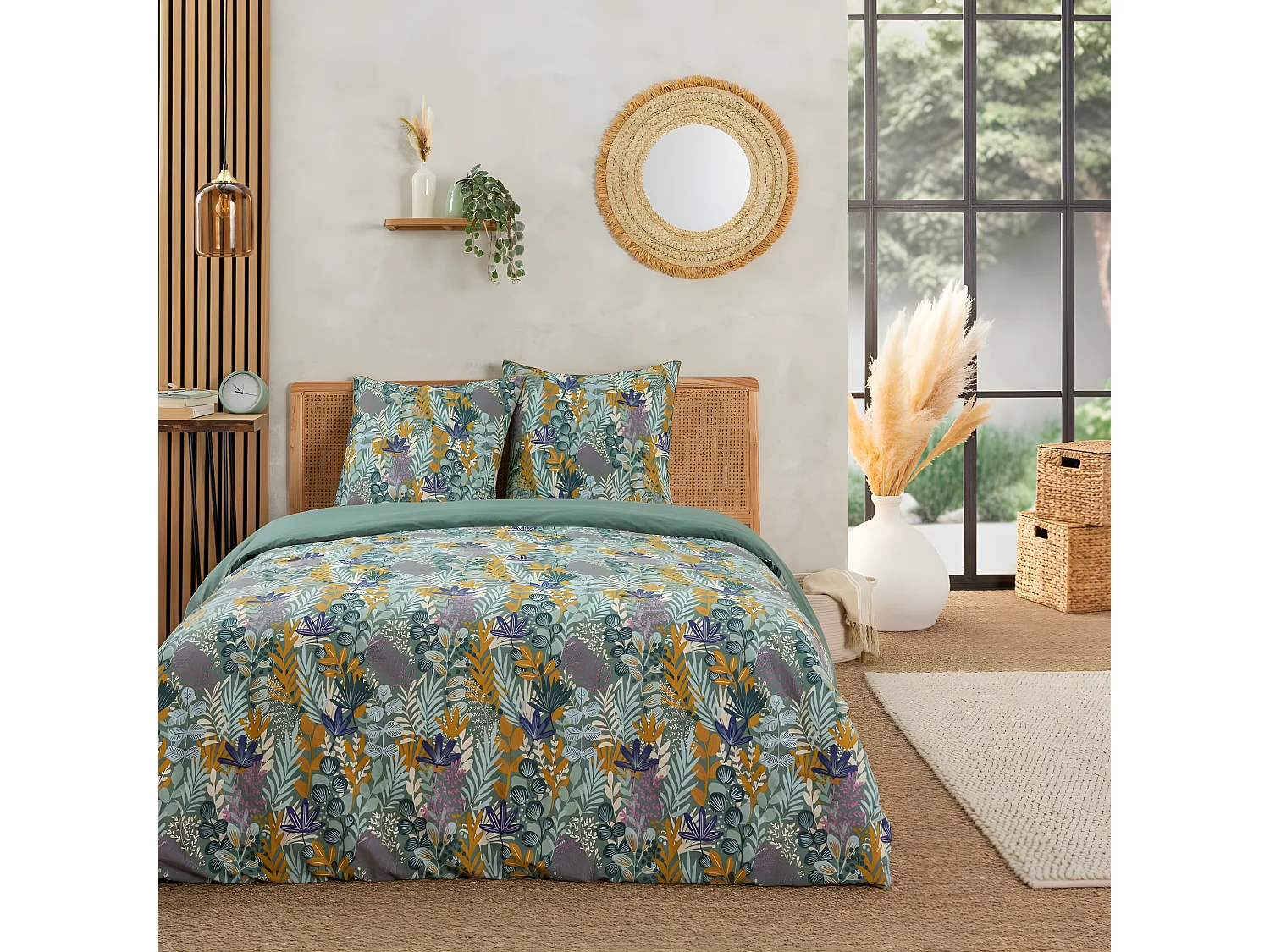 Parure de lit 2 personnes végétal tropical réversible 240x220cm
