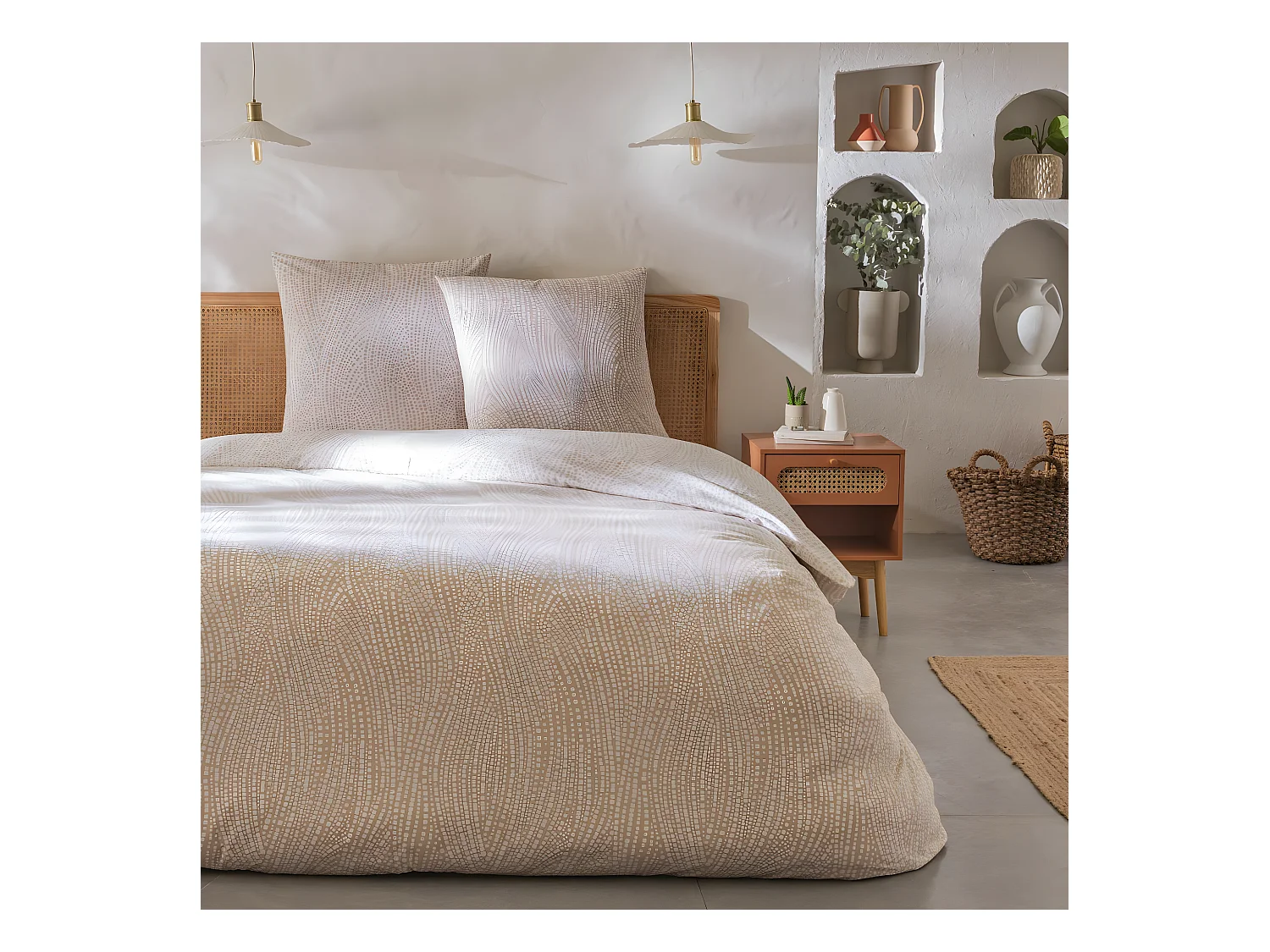 Parure de lit 2 personnes en coton 57 fils imprimé beige 240x220cm