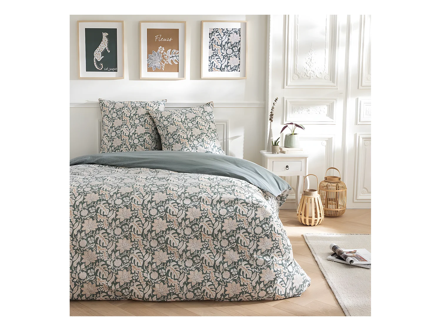 Parure de lit 2 personnes en coton 57 fils imprimé vert 240x220cm