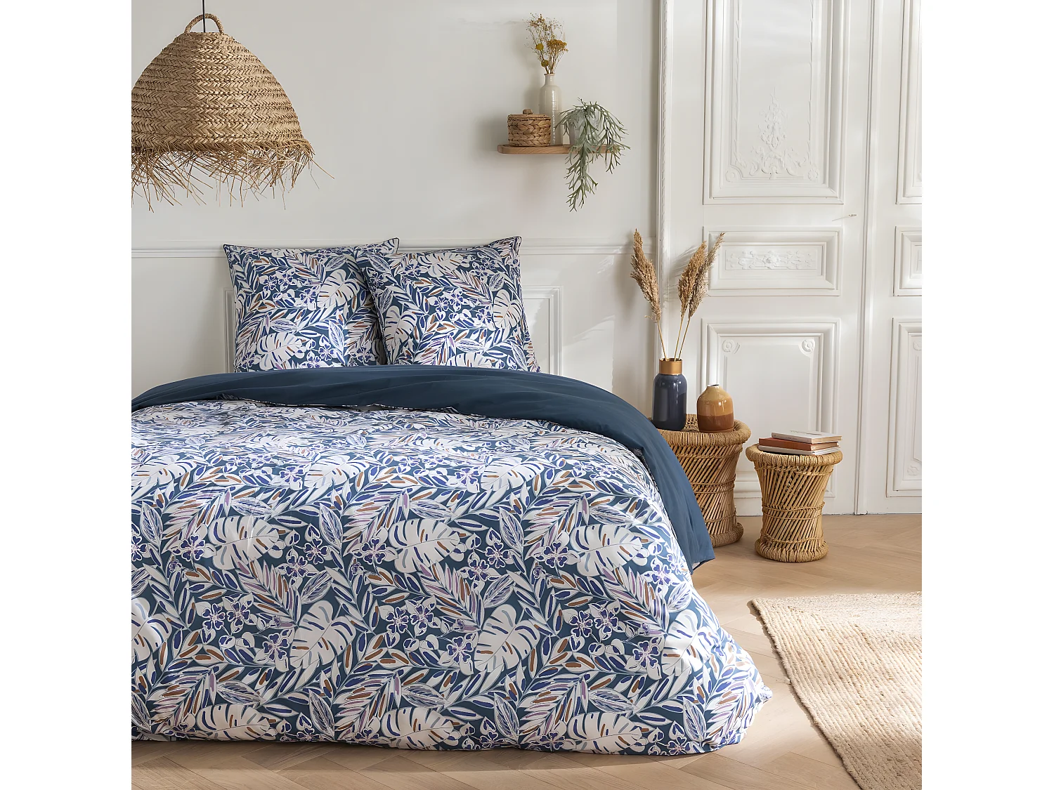 Parure de lit 2 personnes végétal réversible uni 260x240cm