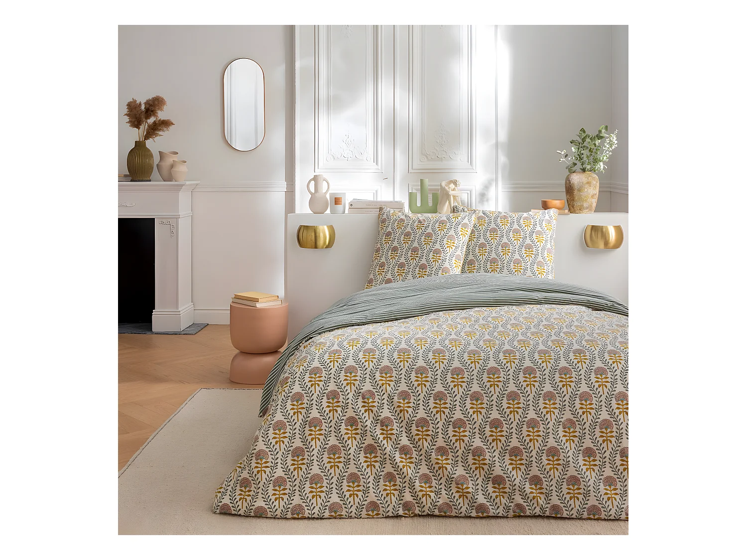 Parure de lit 2 personnes floral charme rayé 240x220cm