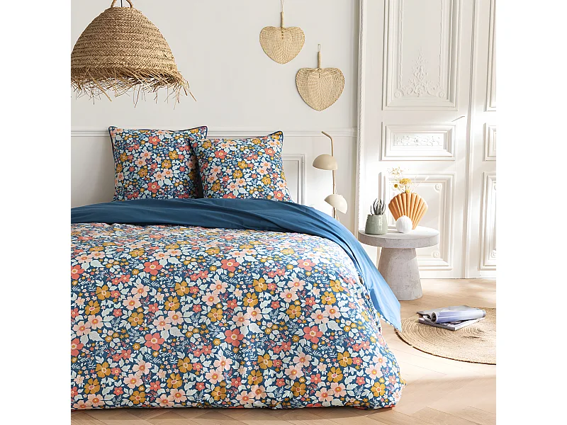 Parure de lit 2 personnes en coton 57 fils imprimé bleu 260x240cm
