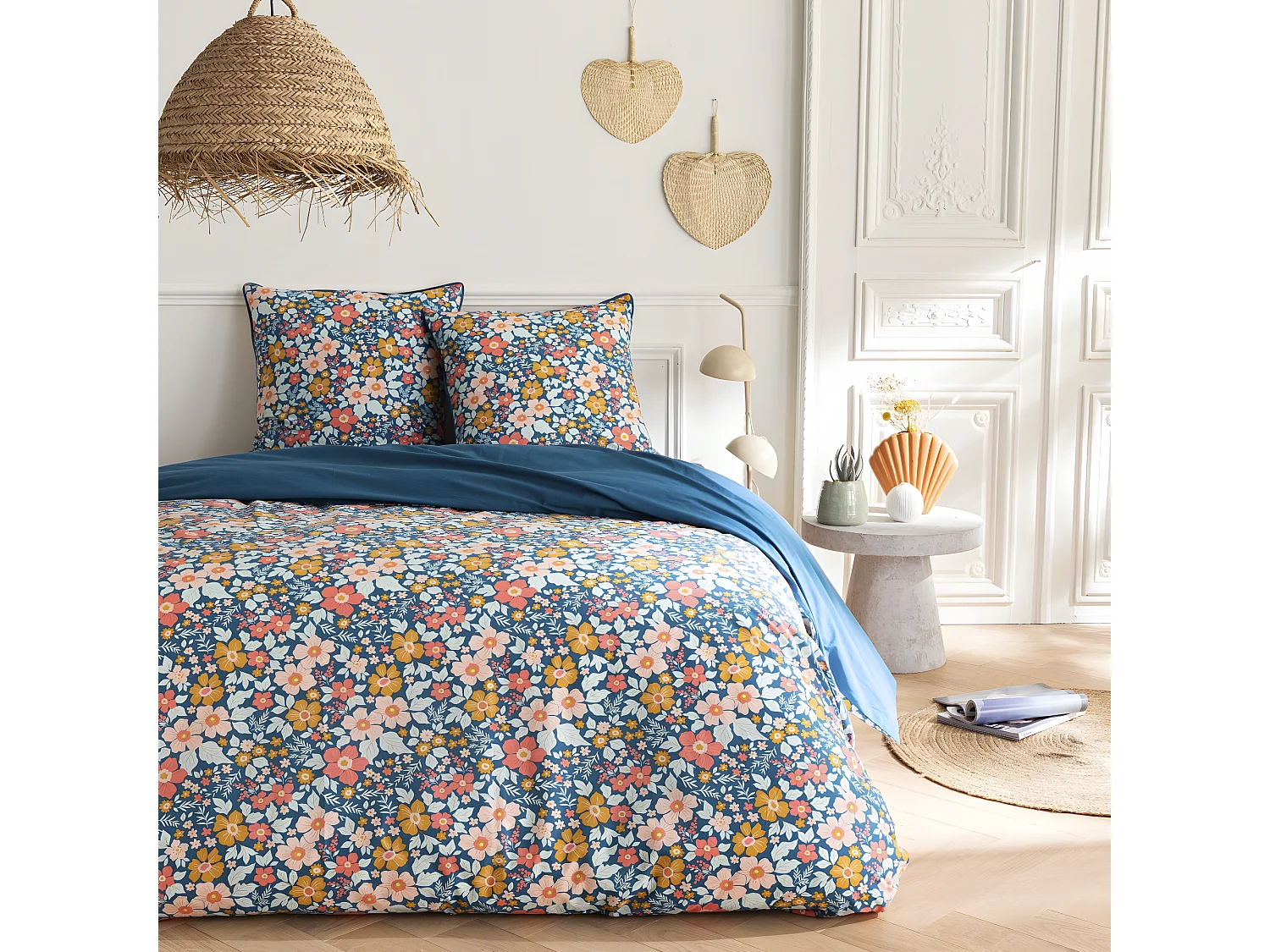 Parure de lit 2 personnes en coton 57 fils imprimé bleu 240x220cm