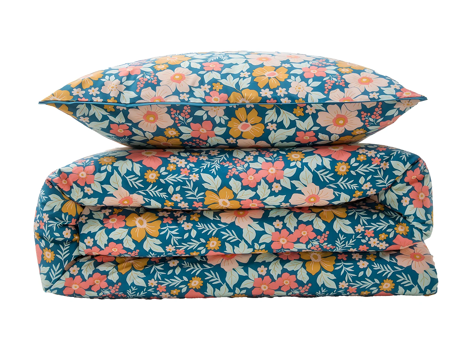 Parure de lit 2 personnes en coton 57 fils imprimé bleu 240x220cm