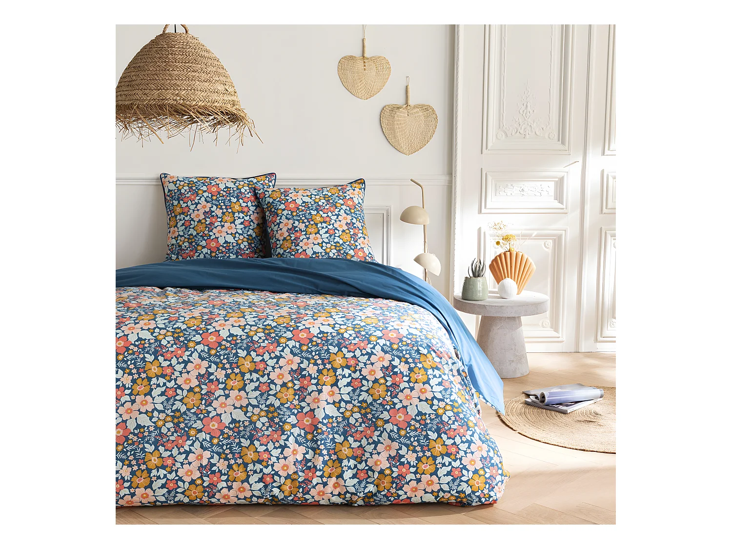 Parure de lit 2 personnes en coton 57 fils imprimé bleu 240x220cm