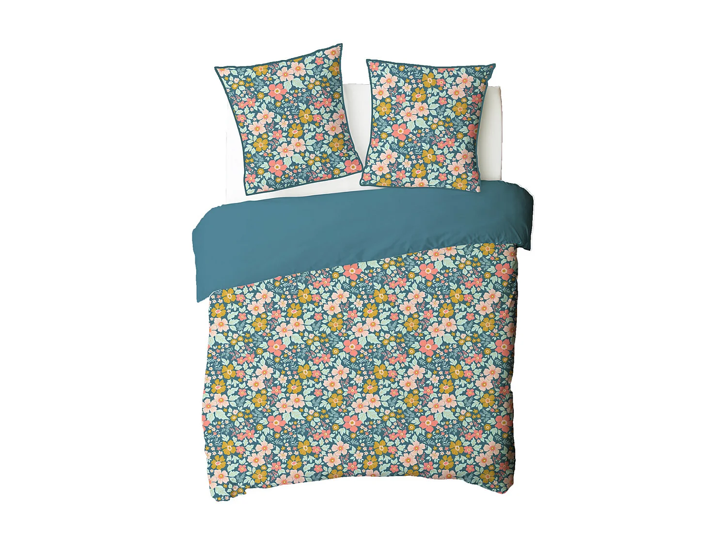 Parure de lit 2 personnes en coton 57 fils imprimé bleu 240x220cm